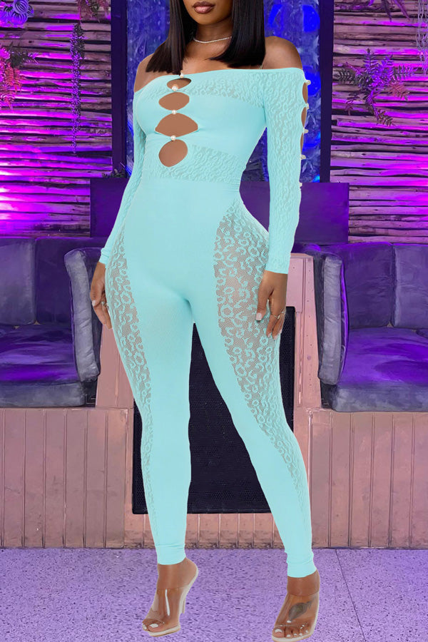 Goosudu Sexy Off Shoulder Sheer Leopard Print Pearl Buckle Chest Cutout Jumpsuits