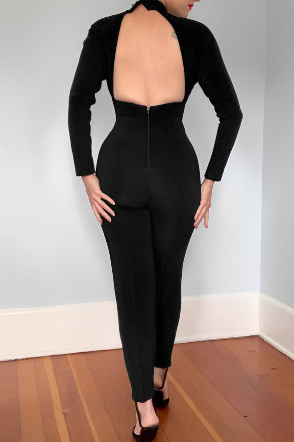 Goosudu Sexy Backless Slim Fit Elastic Cutout Hot Diamond Long Sleeve Jumpsuits