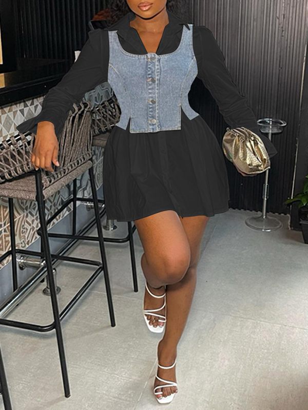 Goosudu Bell-Sleeve Shirt Dress with Denim Vest