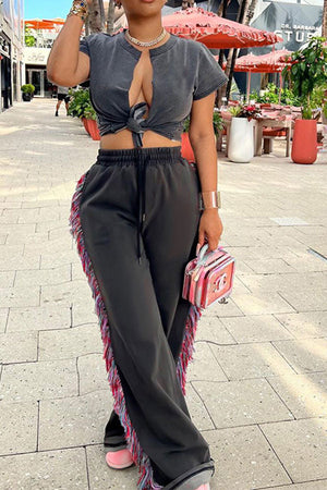 Goosudu Patchwork Side Tassel Casual Straight Cut Pants