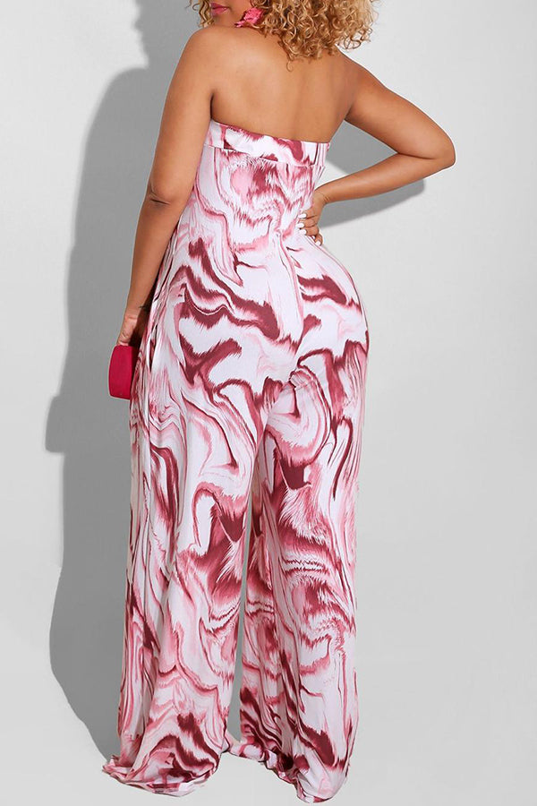 Goosudu Fashion Bandeau Marble Print Wide Leg Loose Jumpsuit
