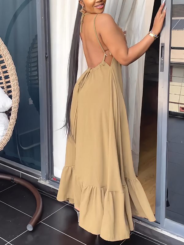 Goosudu Solid Open-Back Ruffle Dress