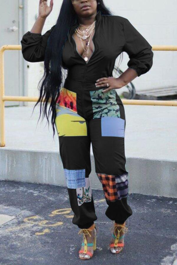 Goosudu Fashion Patchwork Zipper Plus Size Jumpsuit