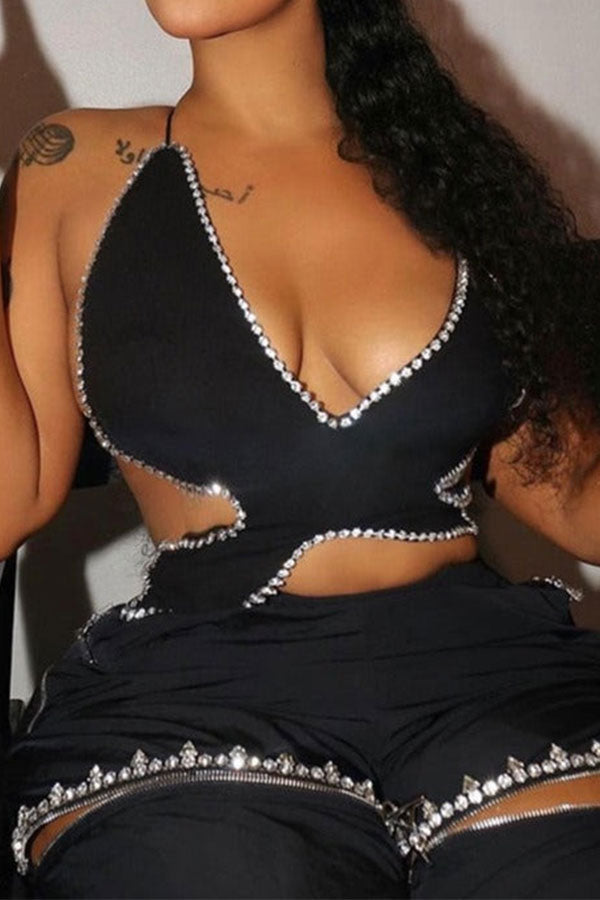 Goosudu Rhinestone Patchwork Unique Zipped Design Pants