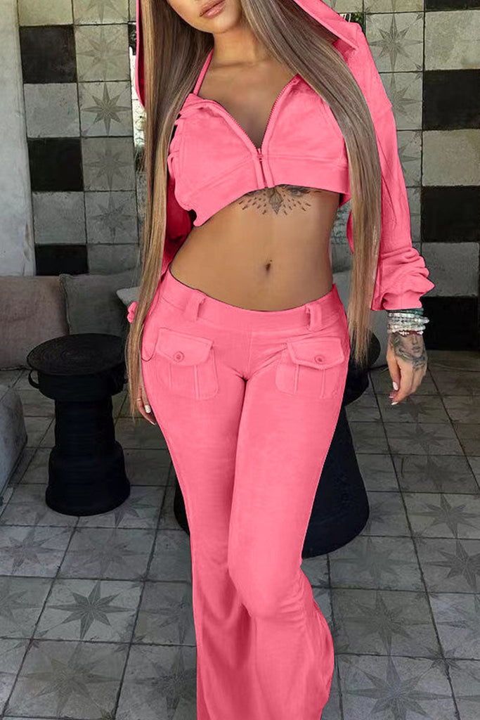 Goosudu Street Solid Patchwork Pocket Hooded Collar Long Sleeve Three Pieces