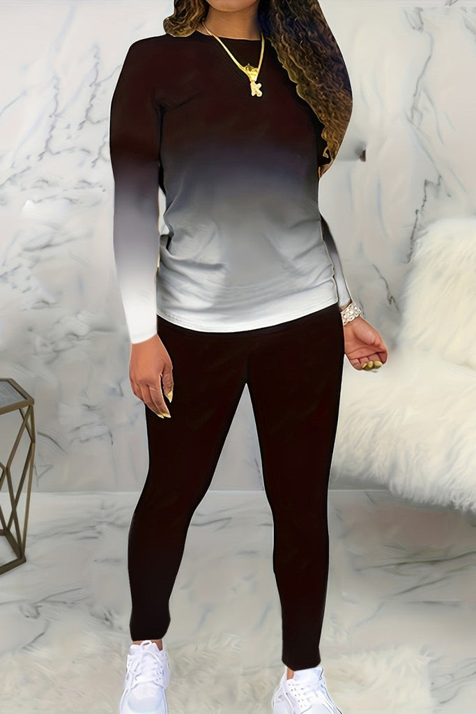 Goosudu Casual Gradual Change Print Basic O Neck Plus Size Two Pieces