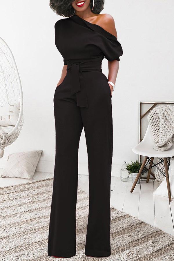 Goosudu Classic Solid Color Diagonal Belt Jumpsuit