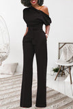 Goosudu Classic Solid Color Diagonal Belt Jumpsuit