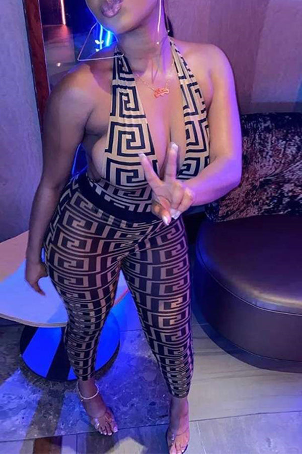 Goosudu Fashion Geometric Print Lace-Up Halter Backless High Waist Jumpsuit
