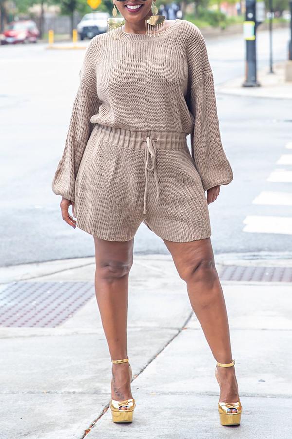Goosudu Solid Color Drawstring Knit Sweater Romper