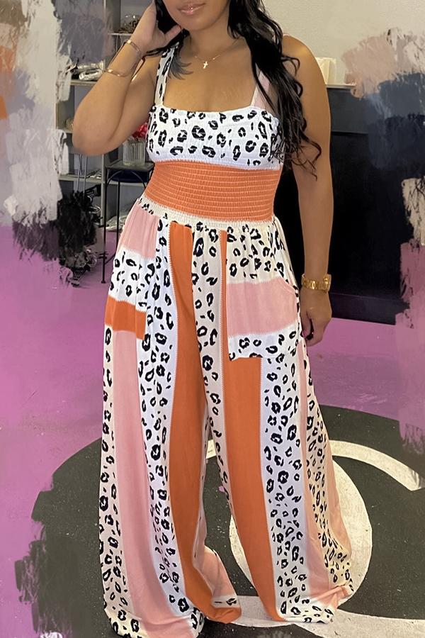 Goosudu Leopard Spaghetti Straps Pocket Jumpsuit