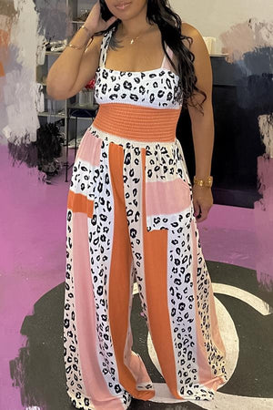 Goosudu Leopard Spaghetti Straps Pocket Jumpsuit