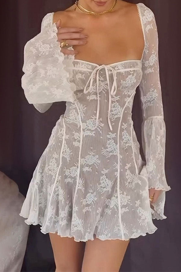 Goosudu Patchwork Lace Girly Trumpet Sleeve Mini Dress