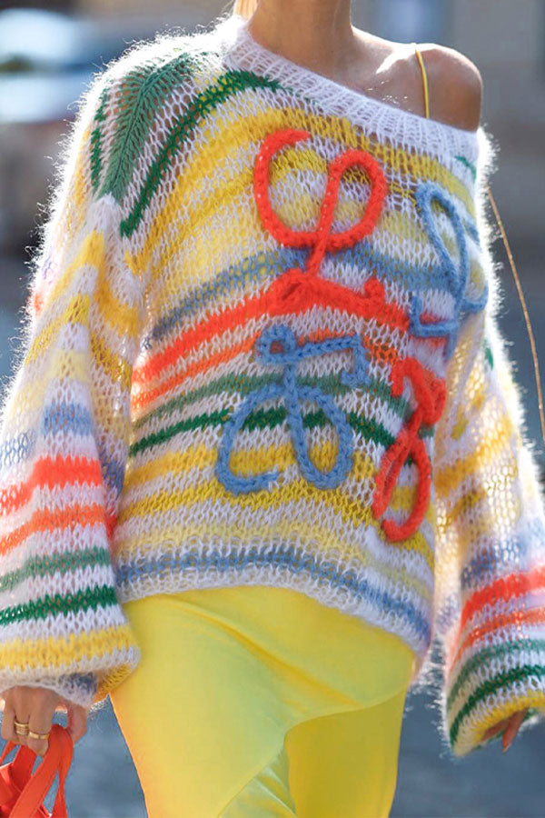 Goosudu Rainbow Striped Cute Round Neck Sweater