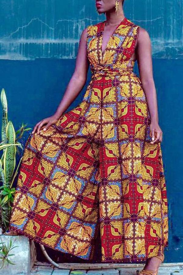 Goosudu Fashionable Geometric Print Multi-wear Loose Wide-leg Jumpsuit