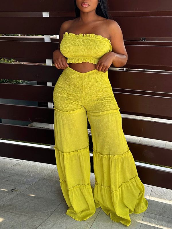 Goosudu Smocked Bandeau Top & Wide-Leg Pants Set