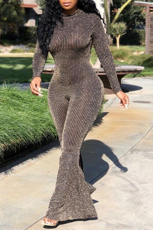 Goosudu Glitter Striped Round Neck Long Sleeve Flare Plus Size Jumpsuit