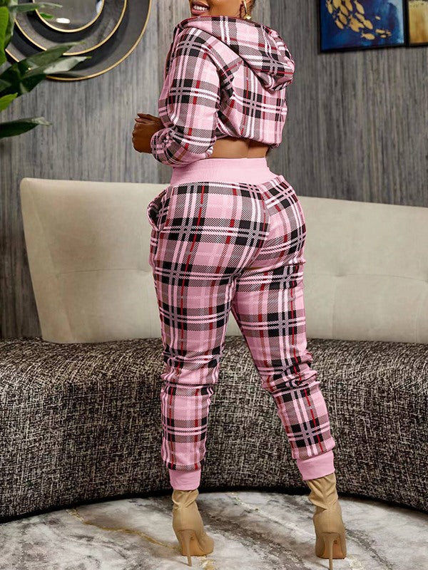 Goosudu Plaid Zip-Front Hoodie & Pants Set