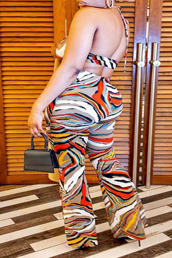 Goosudu Backless Halter Cutout Printed Jumpsuit