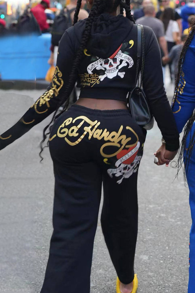 Goosudu Street Print Patchwork Draw String Pocket Zipper Hooded Collar Long Sleeve Two Pieces