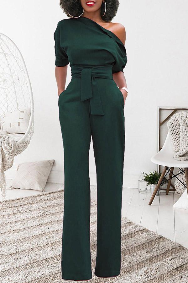 Goosudu Classic Solid Color Diagonal Belt Jumpsuit
