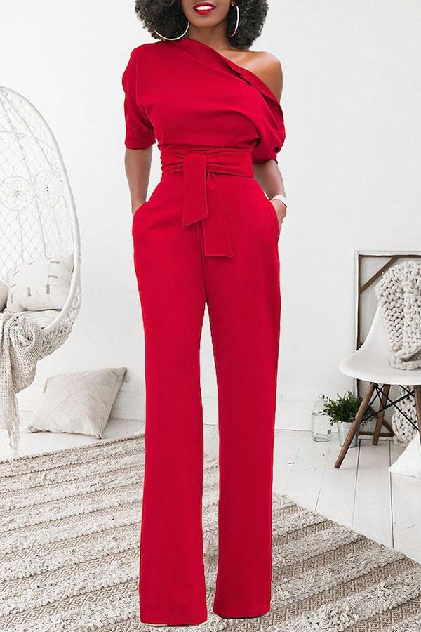 Goosudu Classic Solid Color Diagonal Belt Jumpsuit
