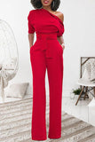 Goosudu Classic Solid Color Diagonal Belt Jumpsuit