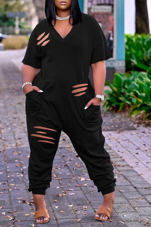 Goosudu Fashion Ripped Loose V Neck Short Sleeved Jumpsuit