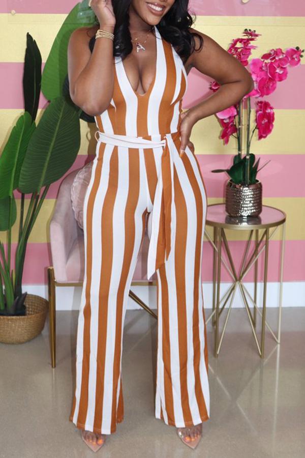 Goosudu Fashion Casual Colorful Striped Print Strappy Sexy Jumpsuit