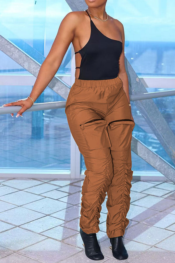 Goosudu Solid Color Casual Pocket Ruched Detail Pants