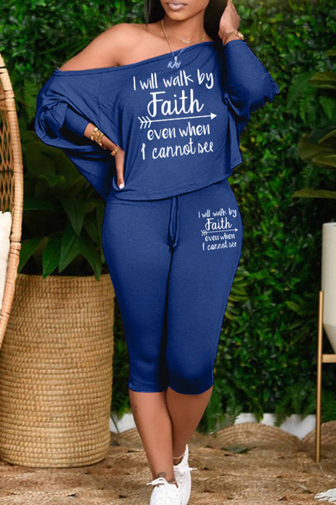 Goosudu Plus Size Casual Letter Patchwork Draw String Printing One Shoulder Plus Size Two Pieces