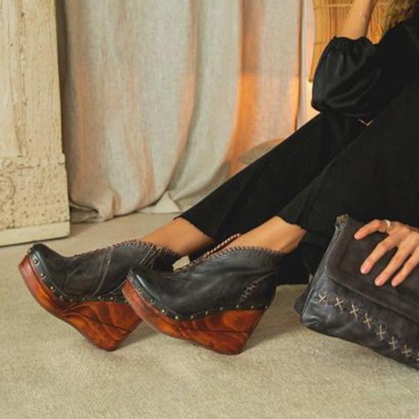 Goosudu Whip Stitch Faux Leather Zipper Wedge Heel Ankle Boots