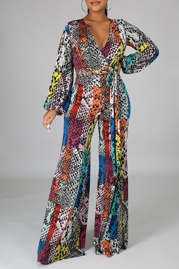 Goosudu Fashion Printed Flared Wide-leg Long-sleeved Jumpsuit