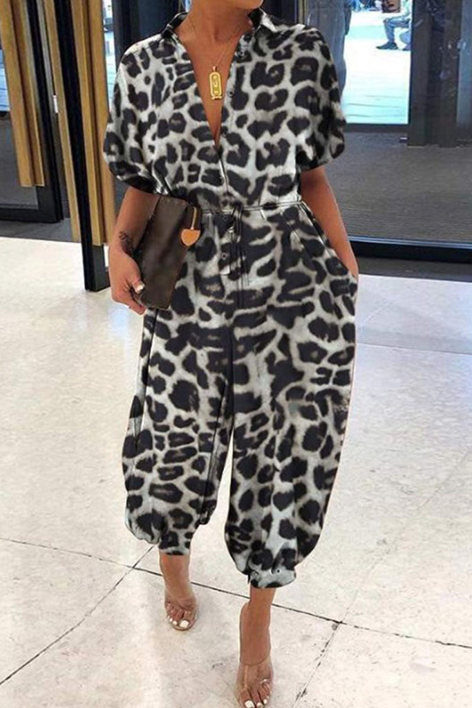 Goosudu Casual Print Patchwork Buckle Turndown Collar Loose Jumpsuits