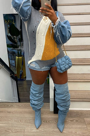 Goosudu Denim Patchwork Unique Hit Color Sweater