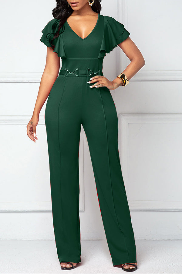Goosudu Casual Fashion Layered Ruffle Sleeve V-Neck Jumpsuit