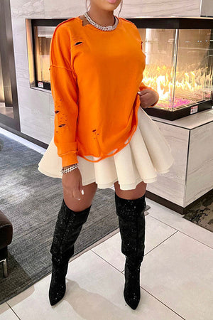 Goosudu Solid Color Ripped Stylish Sweatshirt