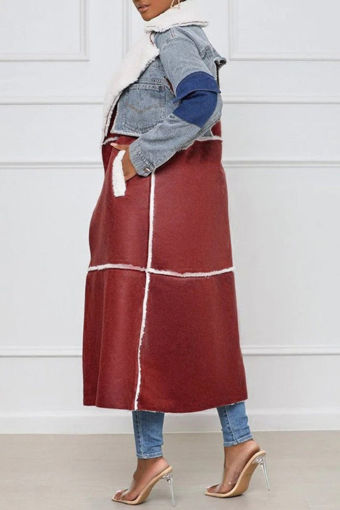 Goosudu Casual Patchwork Cardigan Turndown Collar Long Sleeve Regular Denim Jacket