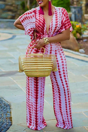 Goosudu Fashion Tie Dye Batwing Sleeve V Neck Jumpsuit