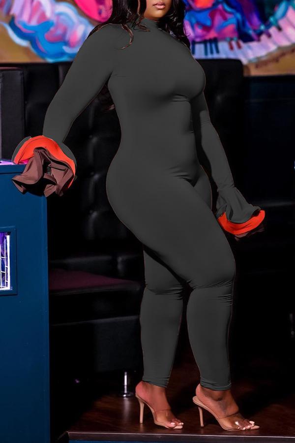 Goosudu High Neck Contrast Flare Sleeve Zipper Jumpsuit