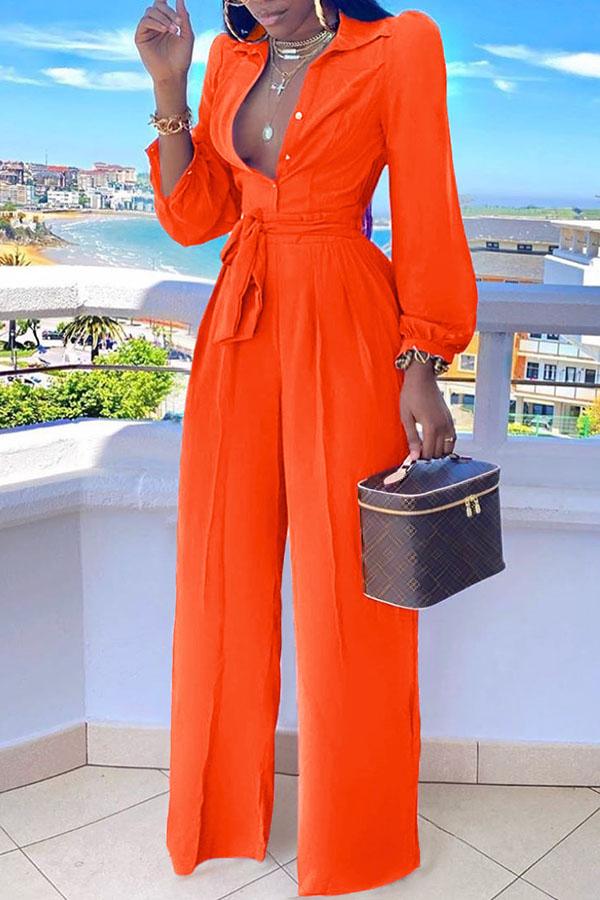 Goosudu High Waist Straight Wide Leg Casual Shirt Collar Jumpsuit With Belt