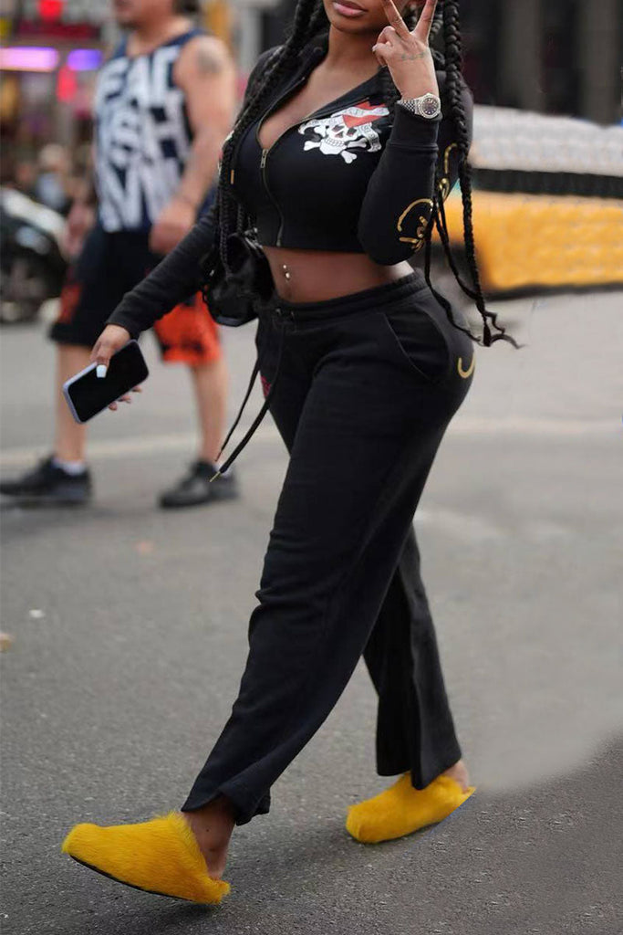 Goosudu Street Print Patchwork Draw String Pocket Zipper Hooded Collar Long Sleeve Two Pieces