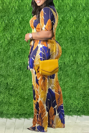 Goosudu Cross V-neck Knotted Contrast Leaf Print Jumpsuit