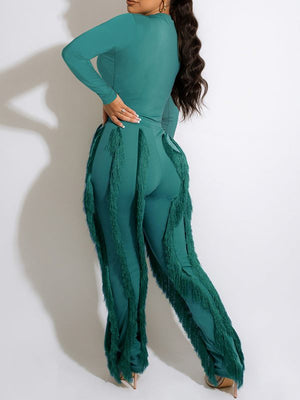Goosudu Solid Bodysuit & Fringe Pants Set