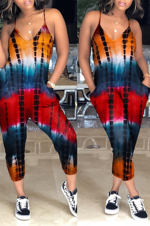 Goosudu Classic Tie Dye V-neck Pocket Jumpsuit