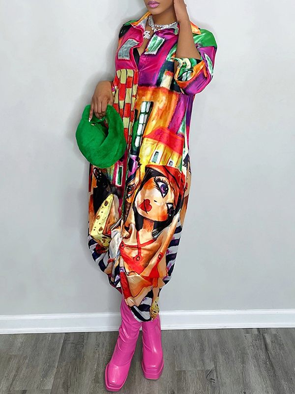 Goosudu Printed Side-Slit Shirt Dress