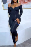Goosudu Solid Color Off Shoulder Solid Color Long Sleeve Jumpsuit