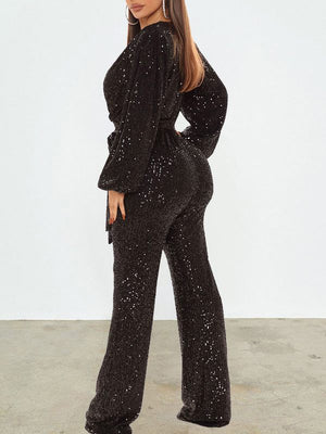 Goosudu Sequin V-Neck Tied Jumpsuit