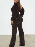 Goosudu Sequin V-Neck Tied Jumpsuit