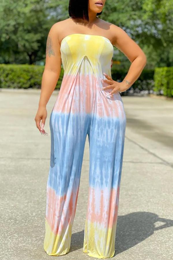 Goosudu Plus Size Tie Dye Bandeau Wide Leg Jumpsuit